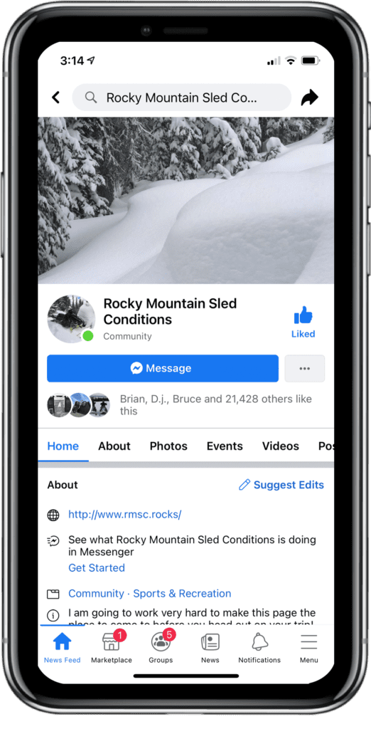 Rocky Mountain Sled Conditions Facebook Page iPhone