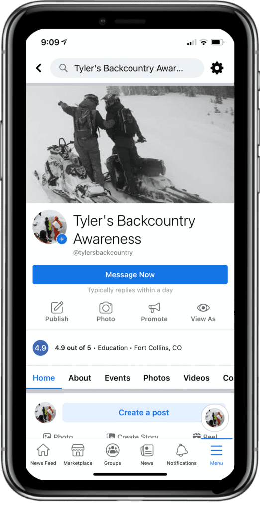 Tyler's Backcountry Awareness Facebook on Phone